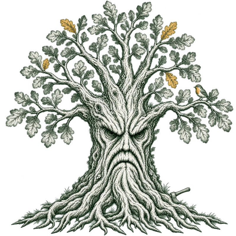 An old oak with a frown, a small robin and gold leaves
